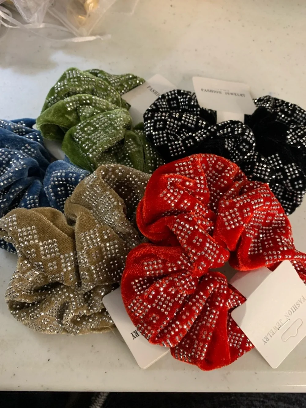 Rhinestone Velvet Scrunchie - Red (Set of Assorted Colors) Set of 5